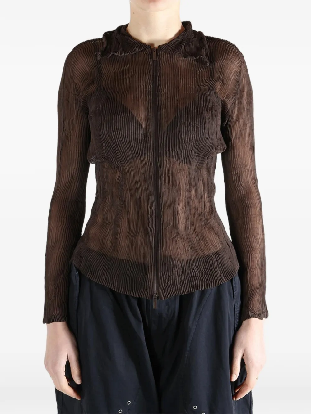  Issey Miyake Pleated Zip Top - Brown 