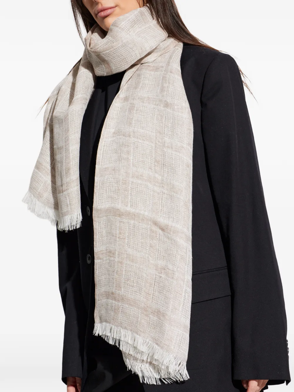Emporio Armani Fringed Checked Scarf in Neutrals, view 4