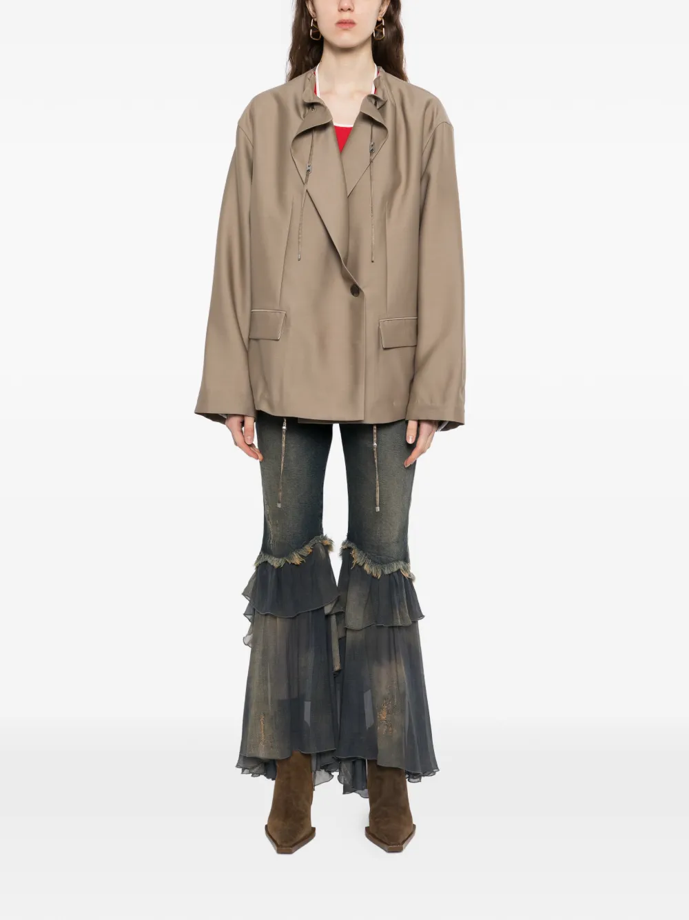  Jnby Drawstring Long-sleeve Blazer - Brown 