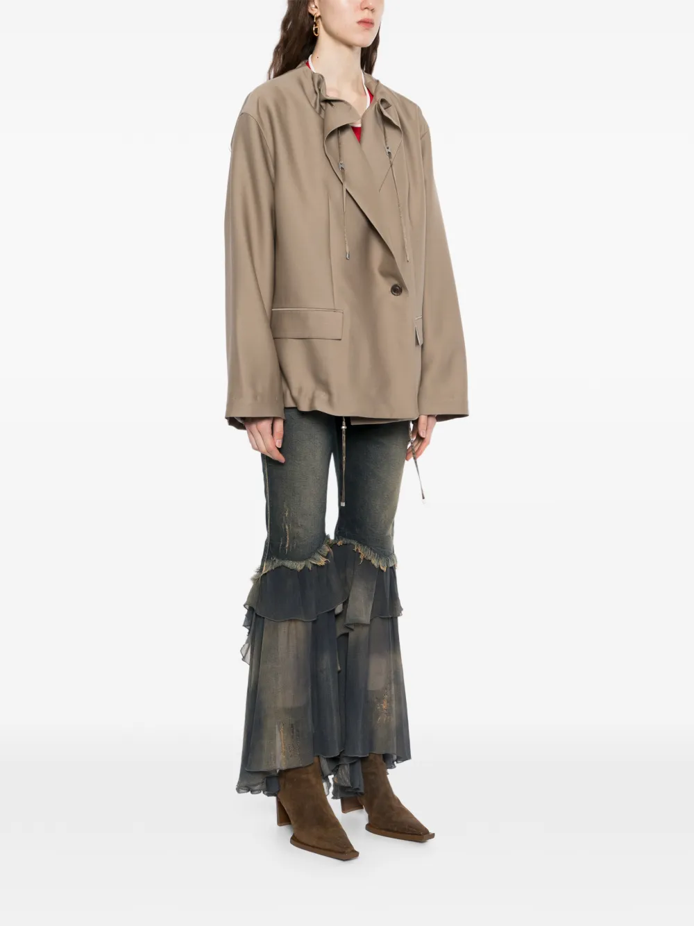  Jnby Drawstring Long-sleeve Blazer - Brown 