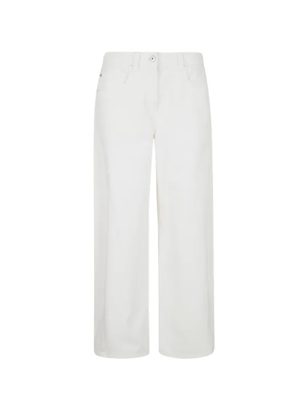 Brunello Cucinelli Dyed Denim Wide Trousers with Monili in White