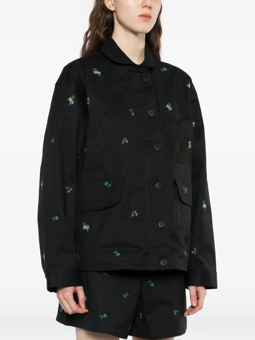  Jnby Floral-embroidered Long-sleeve Jacket - Black 