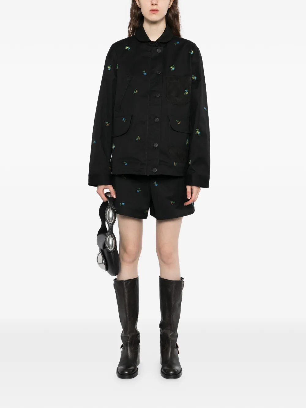  Jnby Floral-embroidered Long-sleeve Jacket - Black 