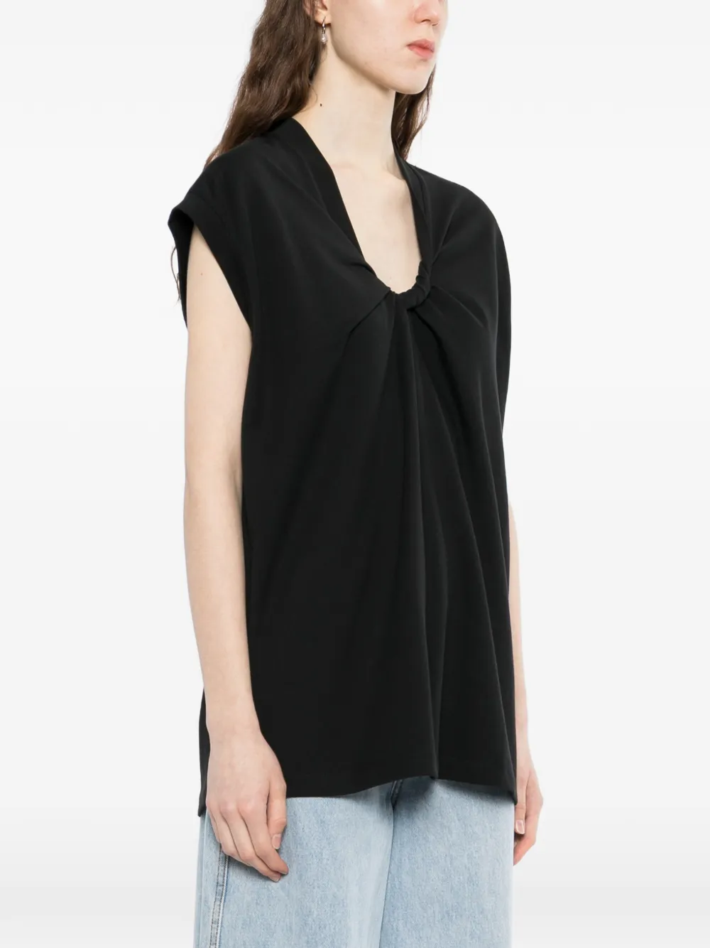  Less Bowknot Pleated Sleeveless T-shirt - Black 