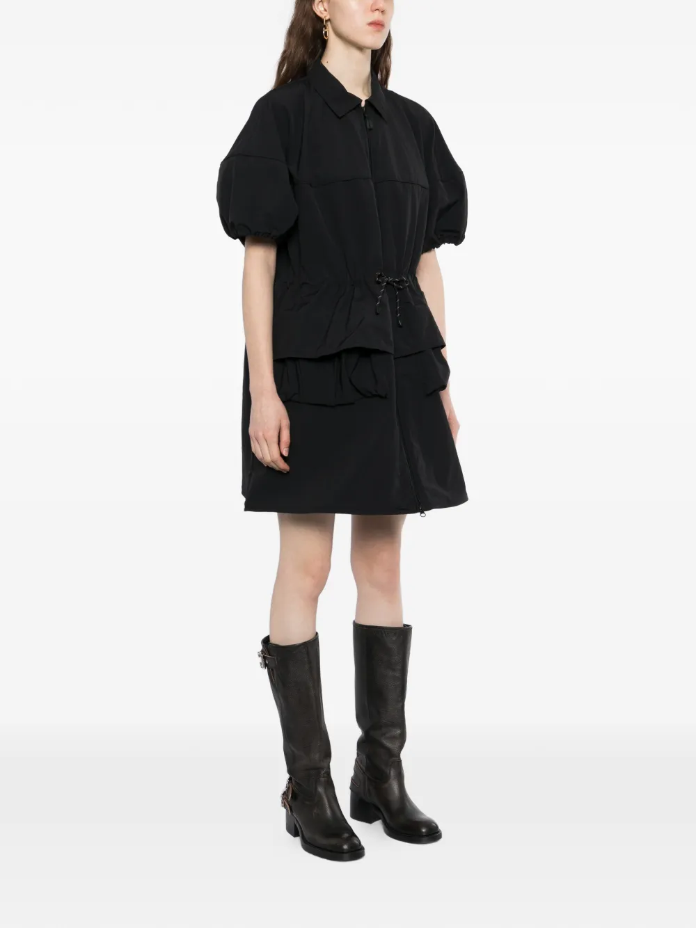  Jnby Drawstring Puff-sleeve Dress - Black 