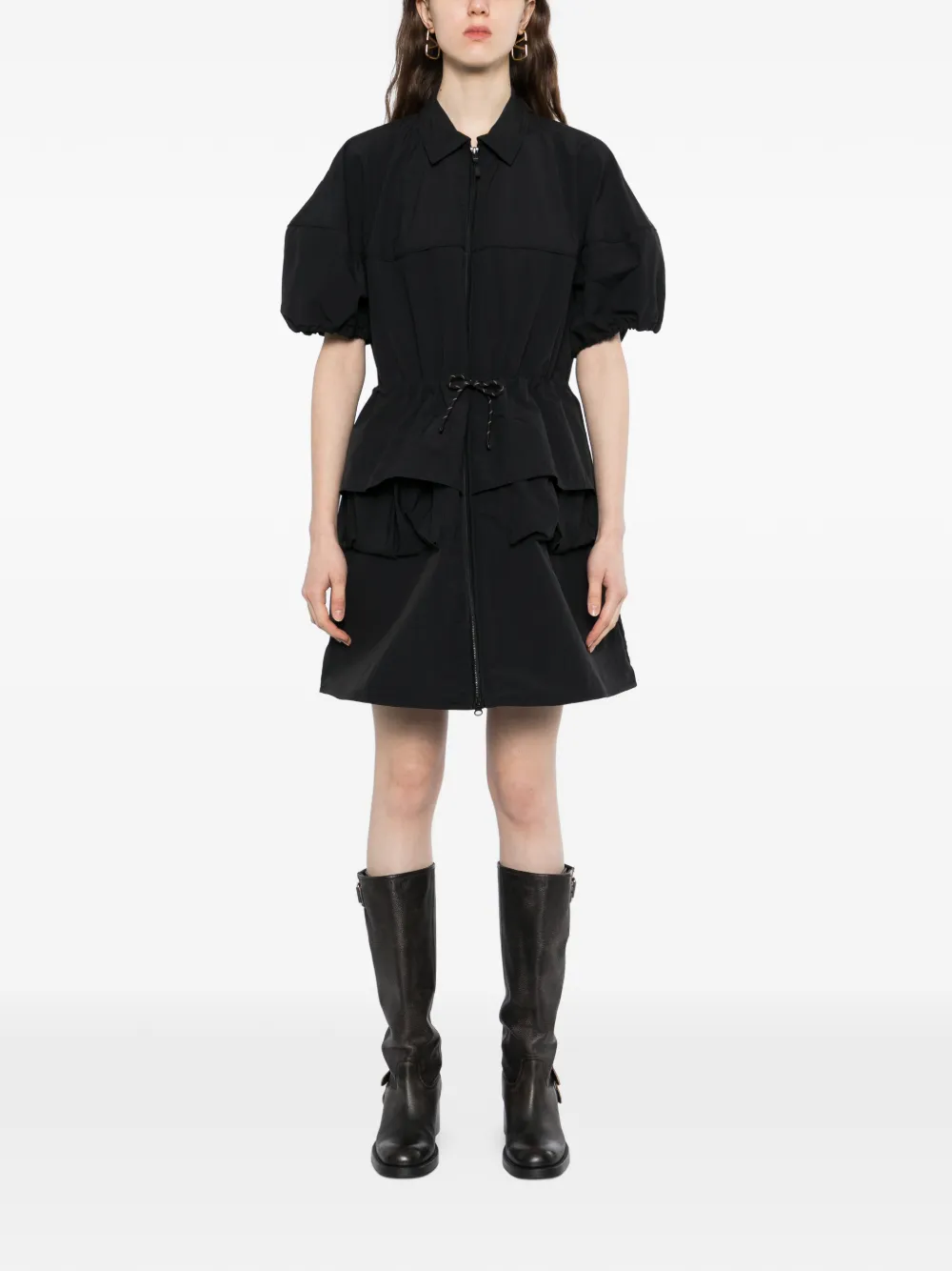  Jnby Drawstring Puff-sleeve Dress - Black 
