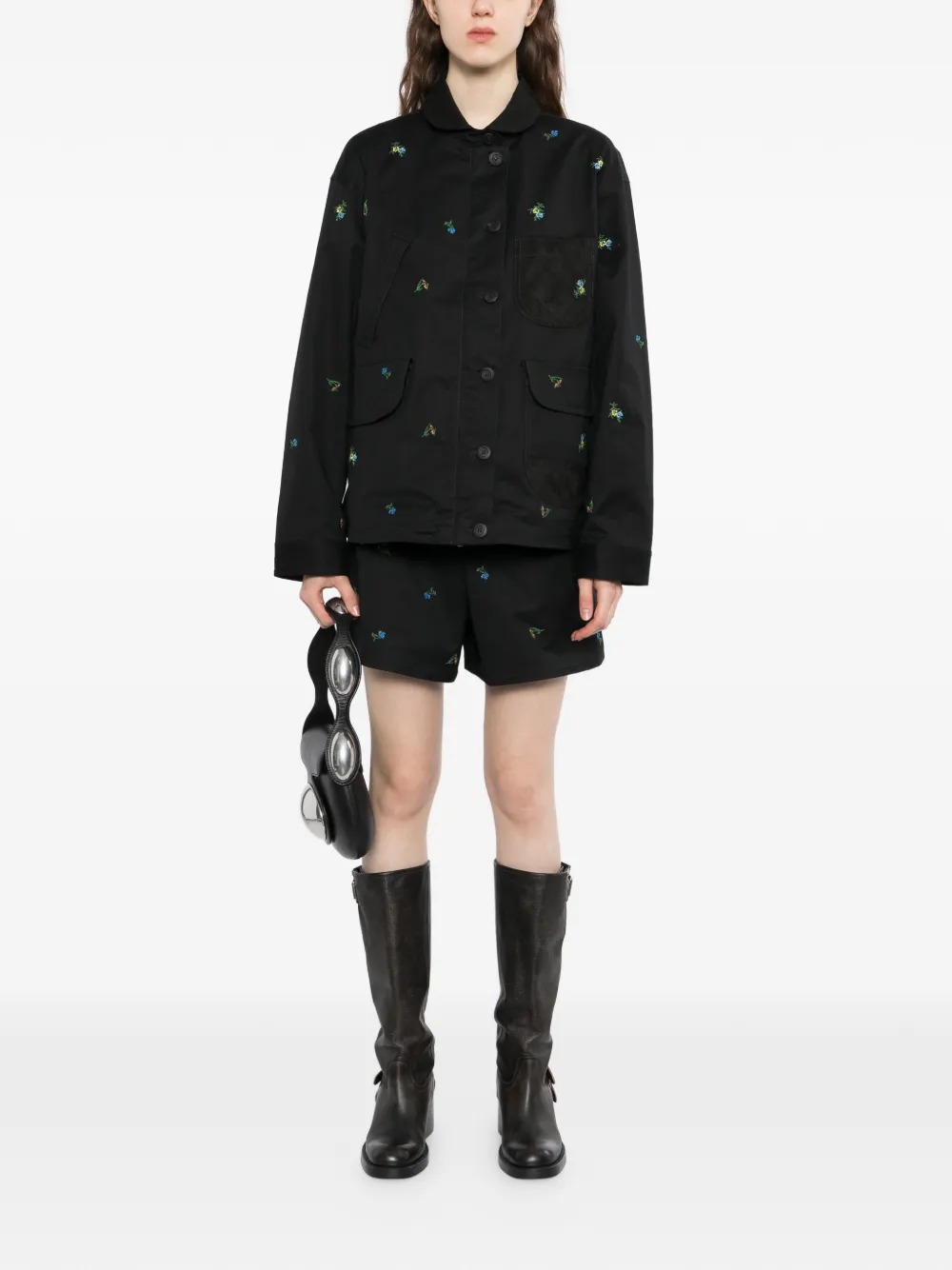  Jnby Embroidered Rolled-hem Shorts - Black 