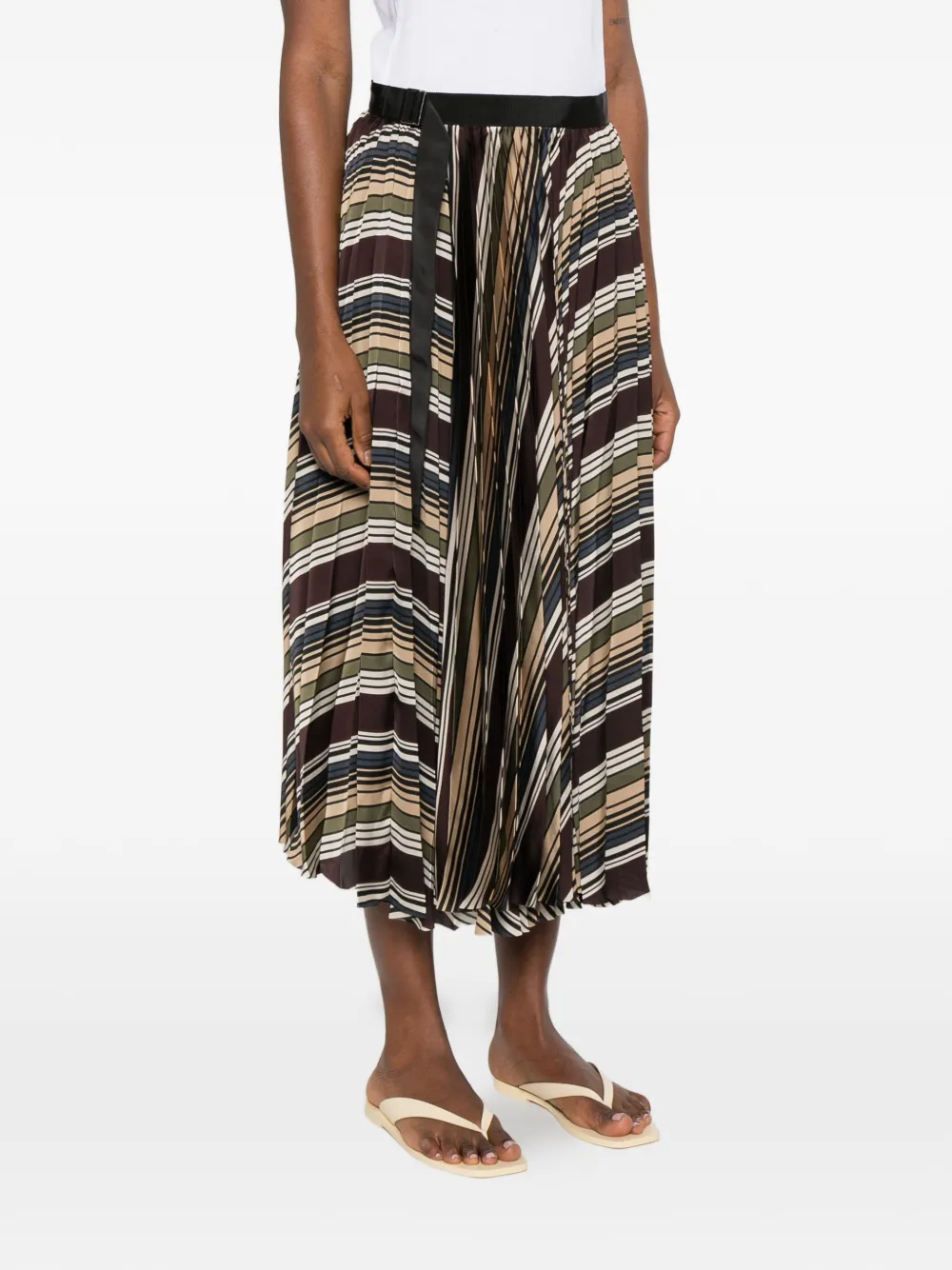  Sacai Striped Pleated Midi Skirt - Brown 