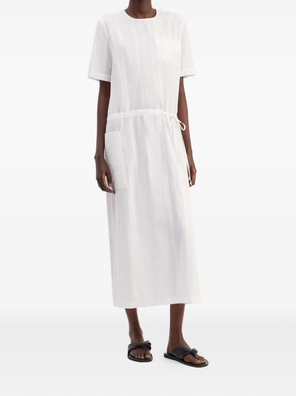 LouLou de Saison Renata gestreepte midi-jurk met gesmockte taille Wit