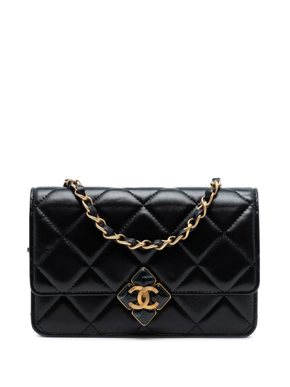 CHANEL Pre-Owned 2021-2025 CC Quilted Lambskin Diamond Lock Wallet on Chain crossbody bag - Nero