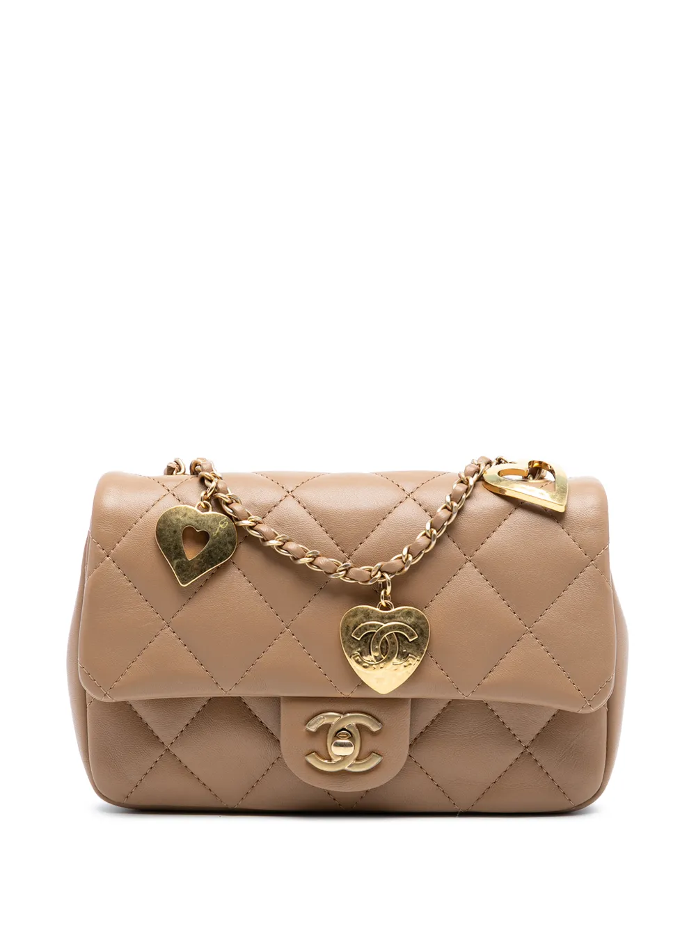 Pre-owned Chanel 2021-2025 Mini Rectangular Quilted Lambskin Heart Charms Flap Crossbody Bag In Brown