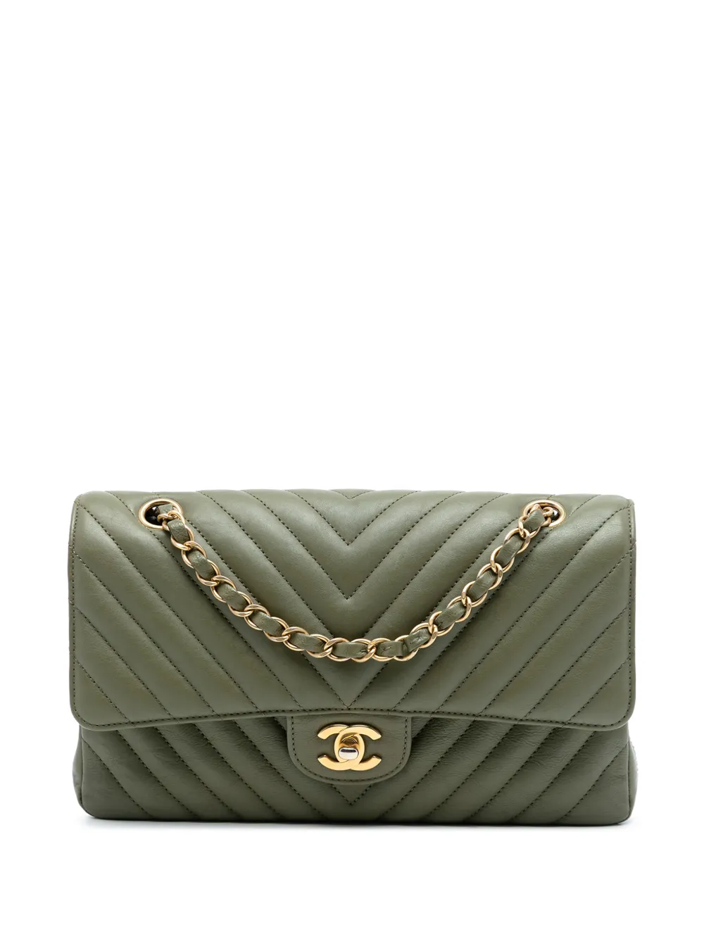 CHANEL Pre-Owned Borsa a spalla Classic Double Flap media in pelle di agnello con motivo Chevron 1991-1994 - Verde