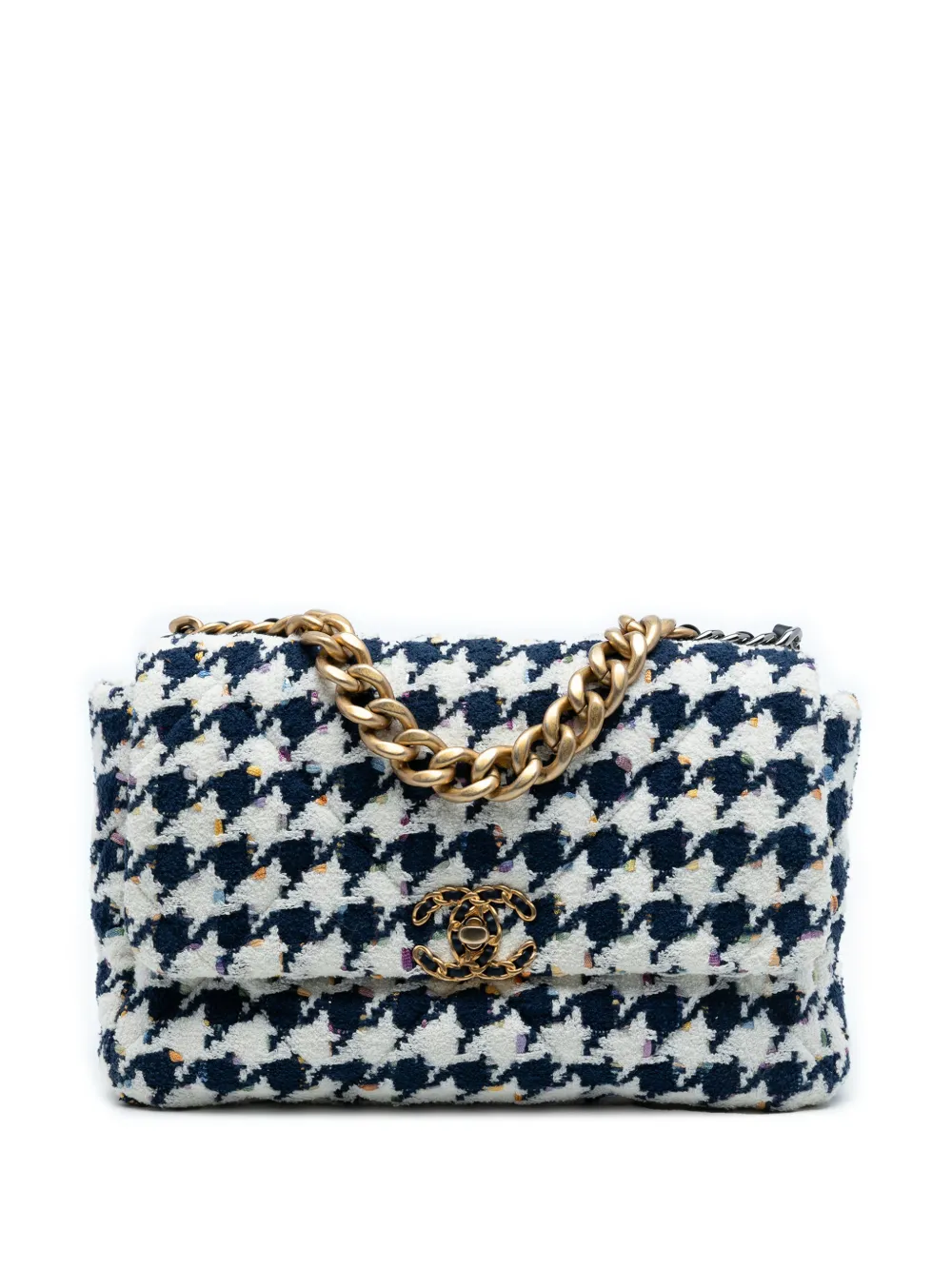 CHANEL Pre-Owned Borsa a tracolla 19 grande in tweed con battente e motivo pied-de-poule 2020 - Blu