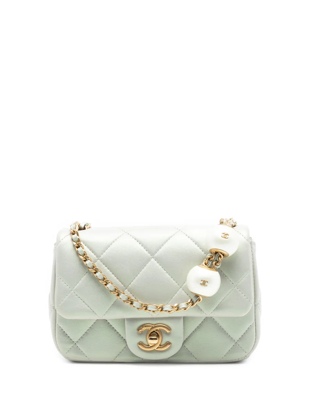 CHANEL Pre-Owned Borsa mini in pelle di agnello iridescente trapuntata con battente e dettaglio perla - Verde