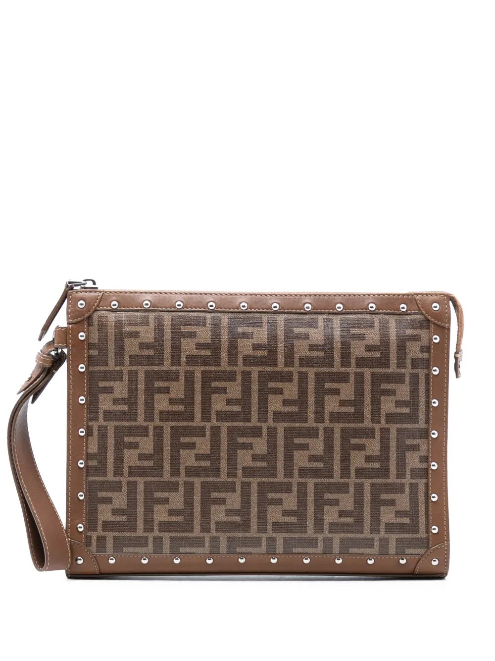 Fendi Pre-Owned 2010-2025 Studded Leather Trimmed Zucca Coated Canvas clutch bag - Marrone