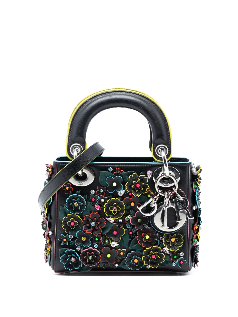 Christian Dior Pre-Owned Borsa a tracolla Lady Dior mini in pelle di agnello con ricamo a fiori 3D 2016 - Nero