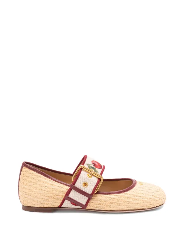 Valentino Garavani Bribri Raffia Ballet Flats with Cherrific Embroidery in Neutrals