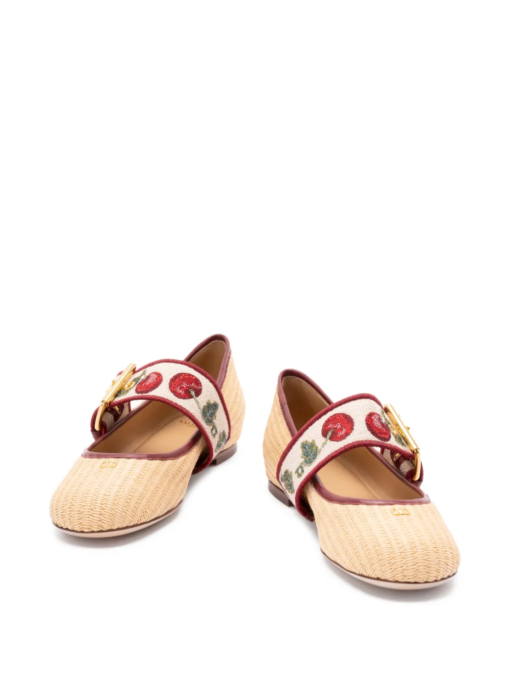 Valentino Garavani Bribri Raffia Ballet Flats with Cherrific Embroidery in Neutrals, view 2