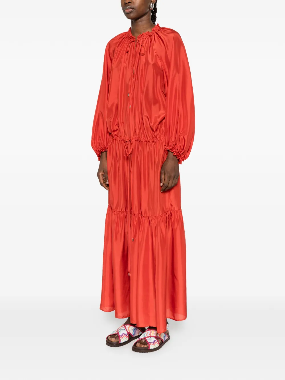  Momoni Viento Ruffled Drawstring Maxi Dress - Red 