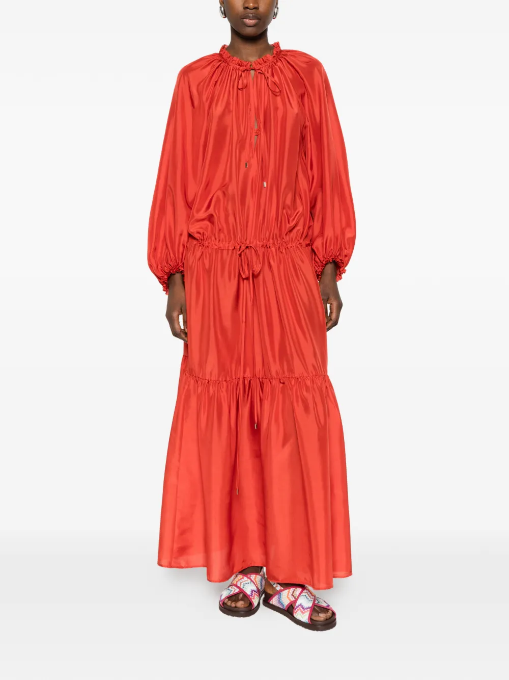  Momoni Viento Ruffled Drawstring Maxi Dress - Red 