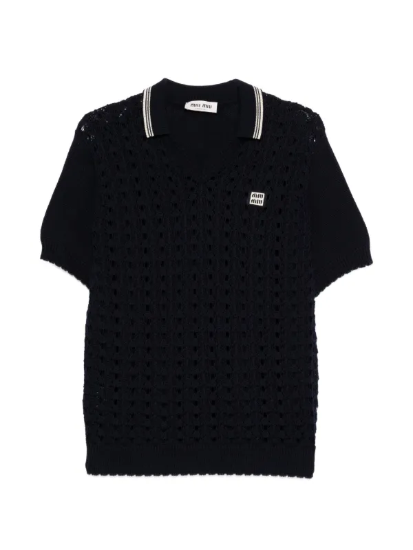 Miu Miu Striped Knitted Polo Shirt in Blue