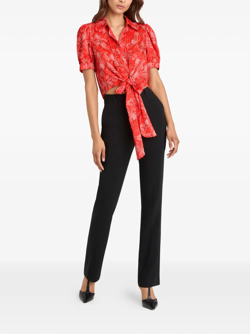  Cinq A Sept Botanical Floral Abena Tie Shirt - Red 