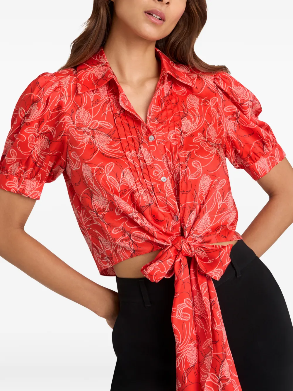  Cinq A Sept Botanical Floral Abena Tie Shirt - Red 