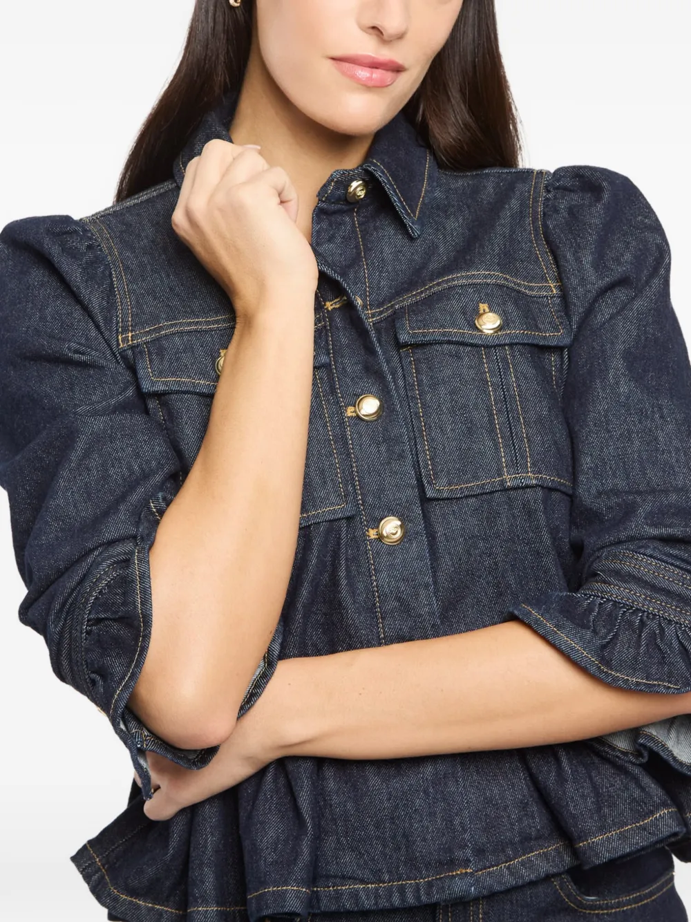 Cinq A Sept Delanie button-up ruffled-sleeve Denim Jacket | Blue