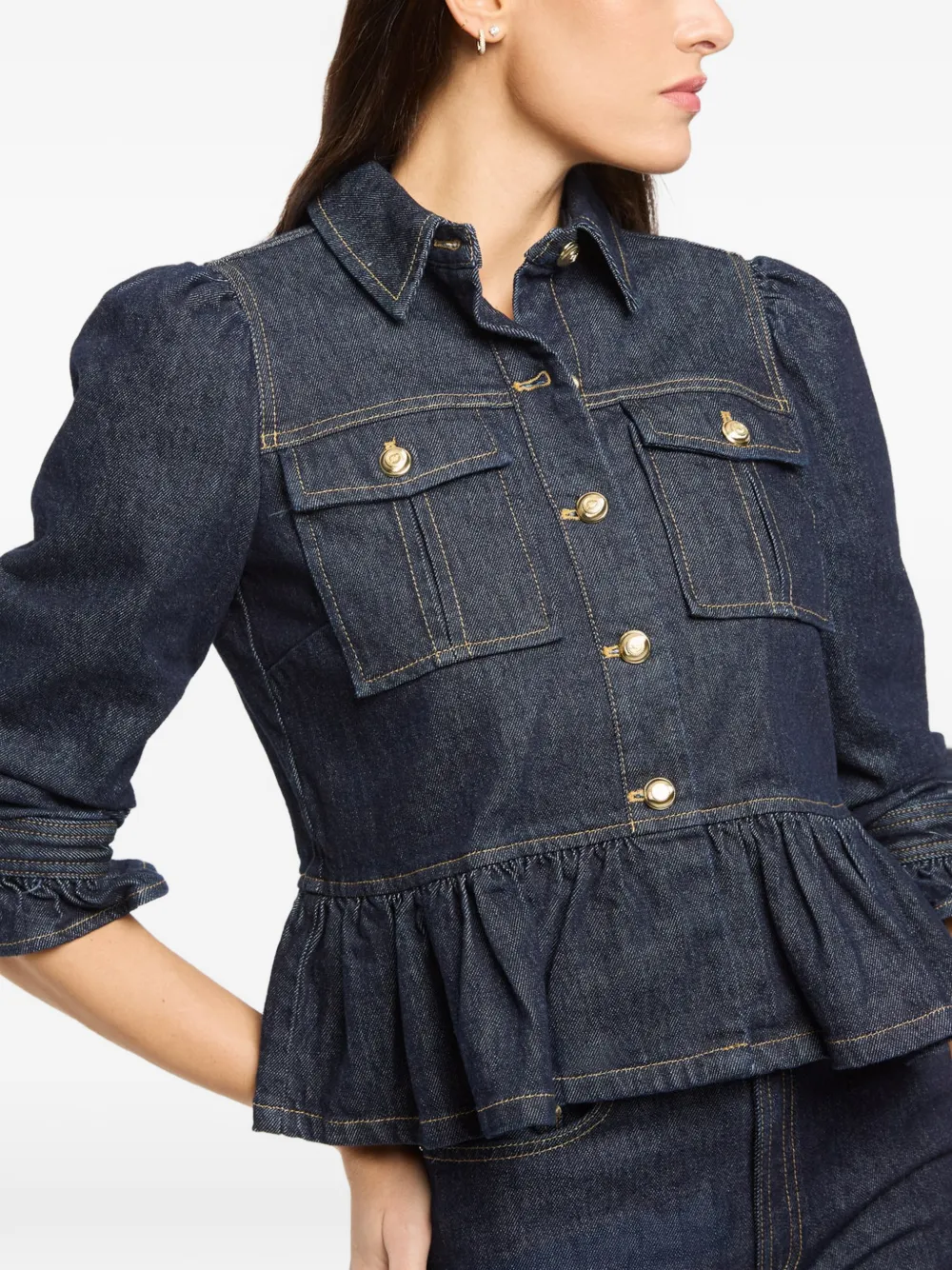Cinq A Sept Delanie button-up denim jack met ruchemouwen Blauw