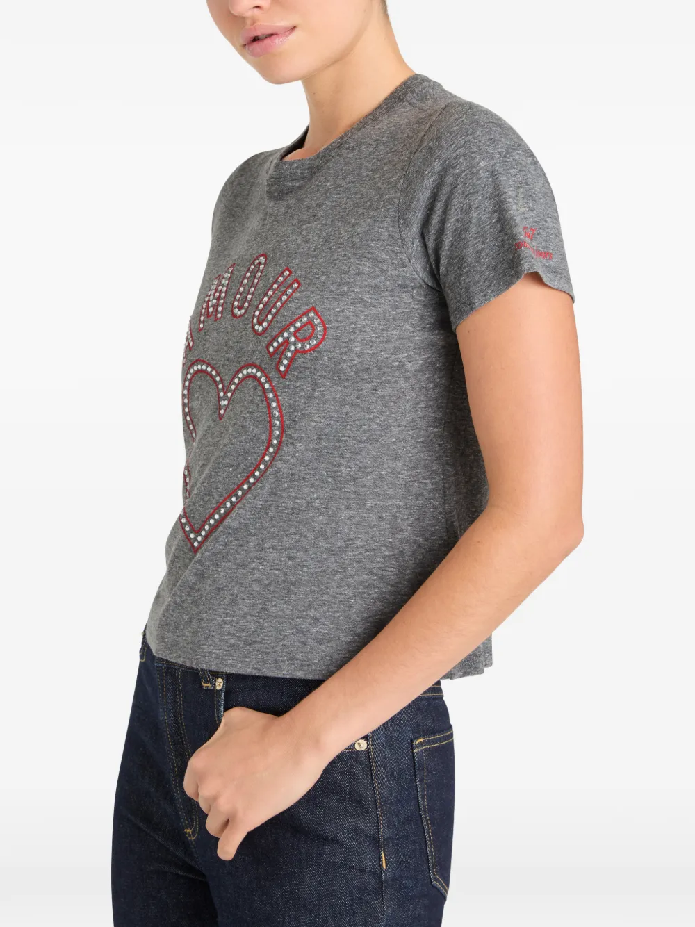 Cinq A Sept Crystal Amour Heart shrunken T-shirt Grijs