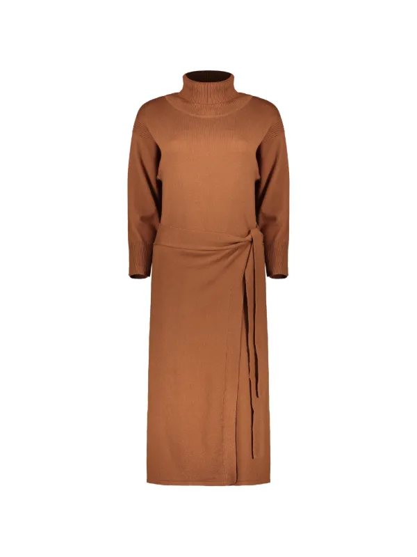 Yves Salomon High-neck Gathered Midi Dress in Brown