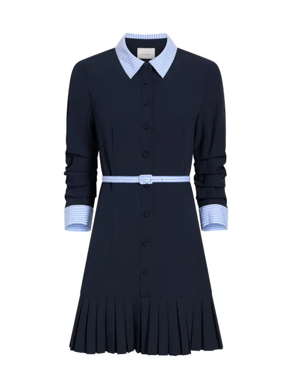 striped pleated mini dress Blue Stripe Cotton Pleated Shirt Dress - Mini Dresses