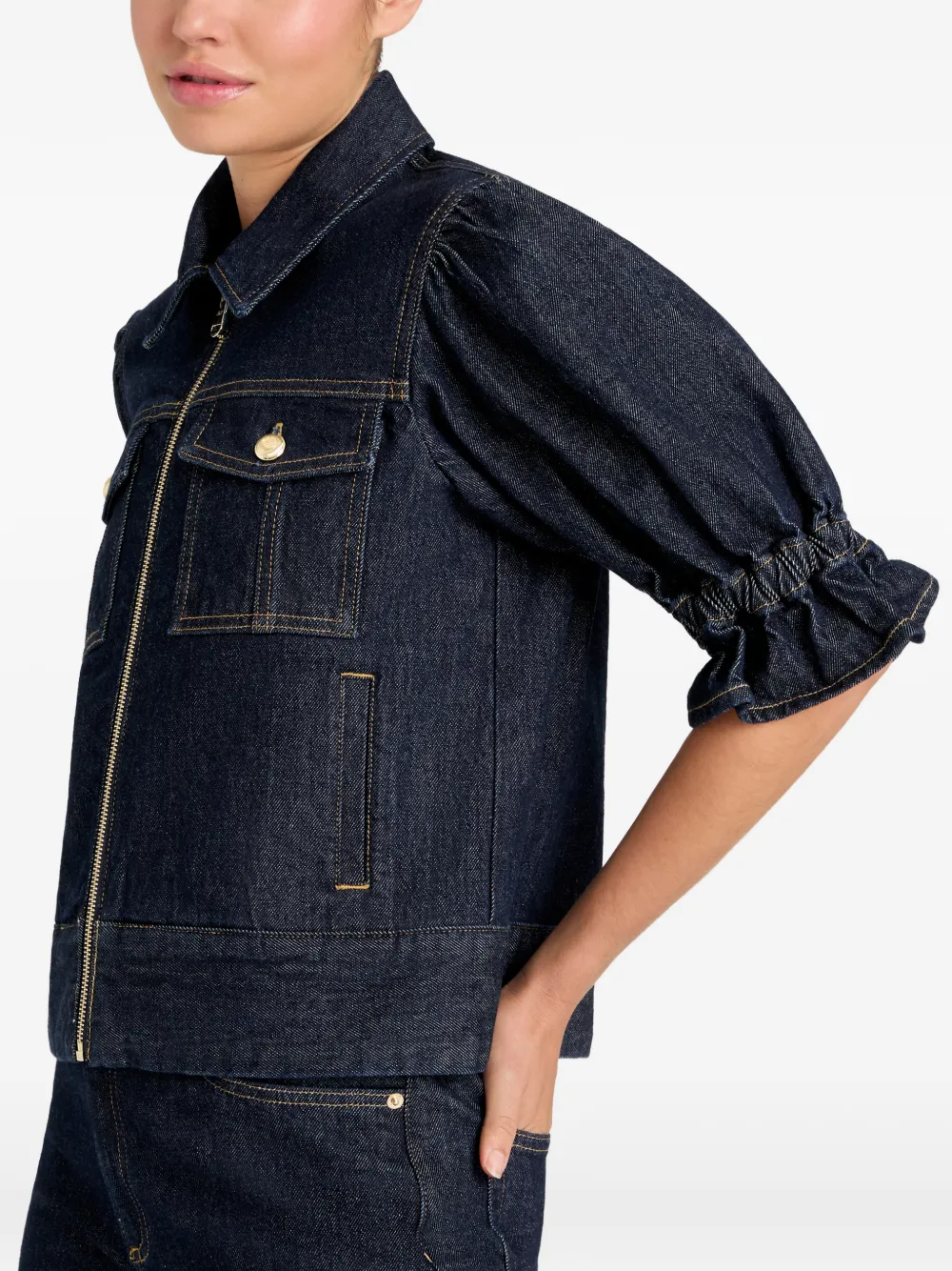 Cinq A Sept Holly denim jack met pofmouwen en ruches Blauw
