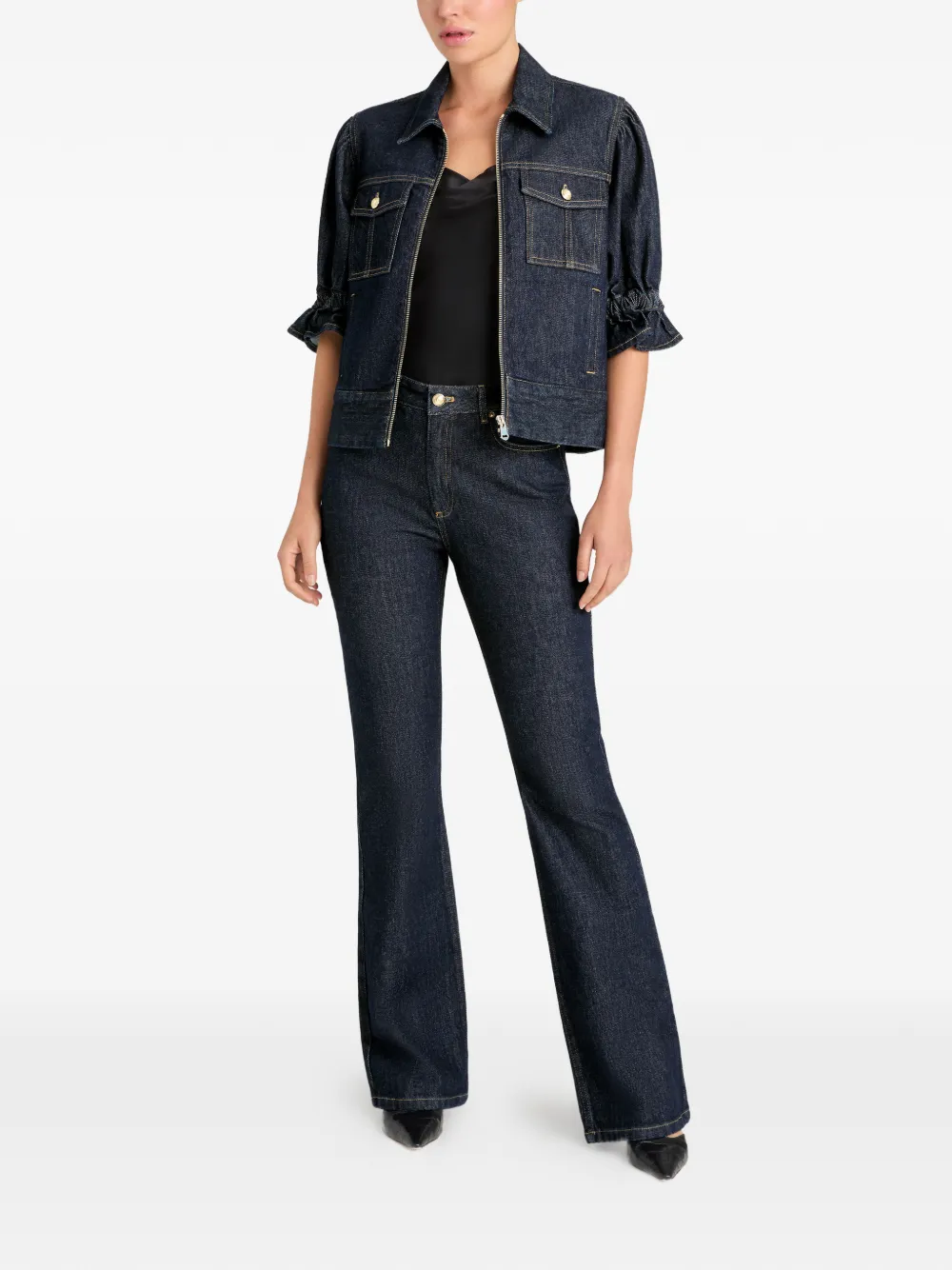 Cinq A Sept Holly denim jack met pofmouwen en ruches Blauw