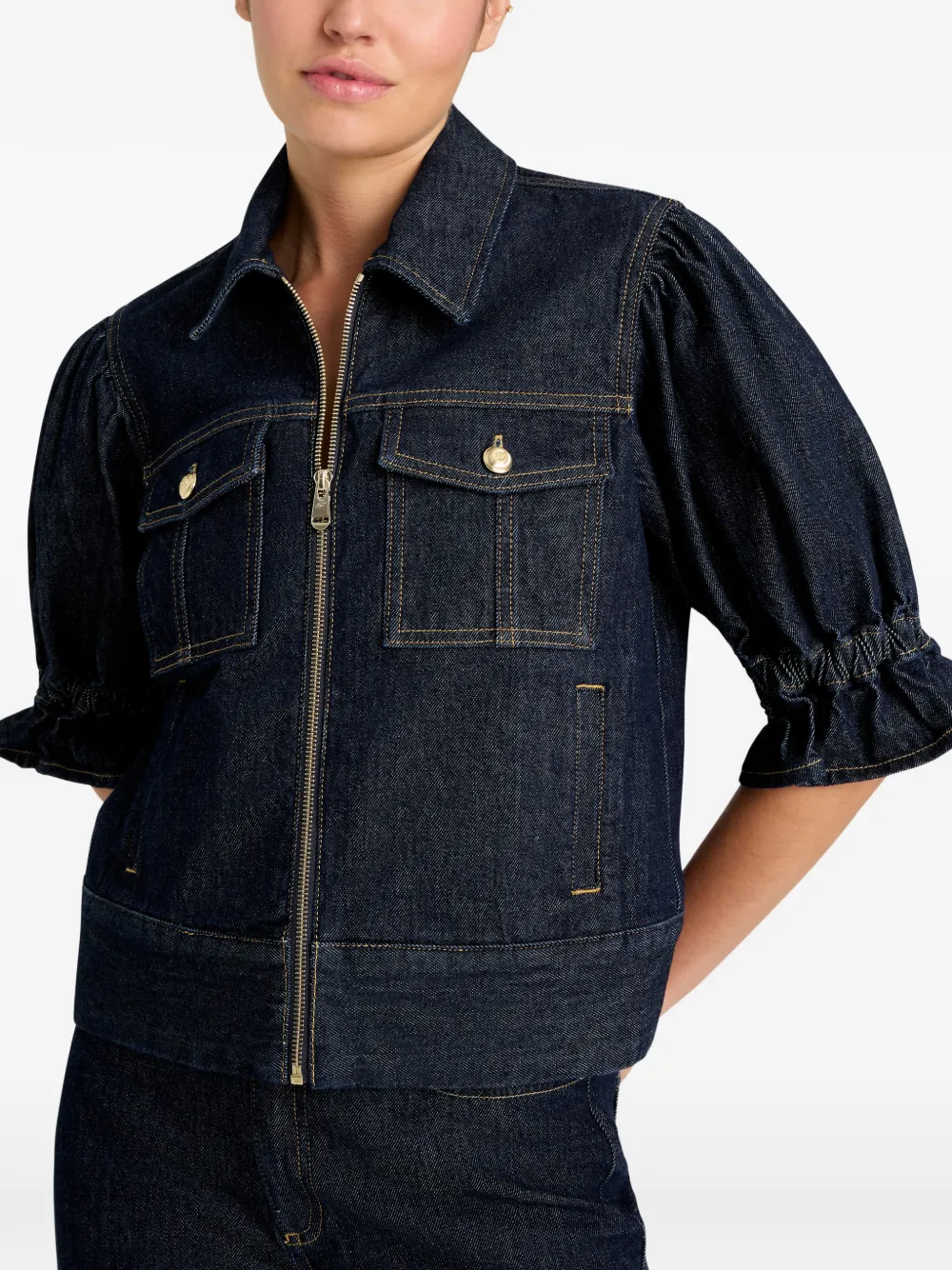 Cinq A Sept Holly denim jack met pofmouwen en ruches Blauw
