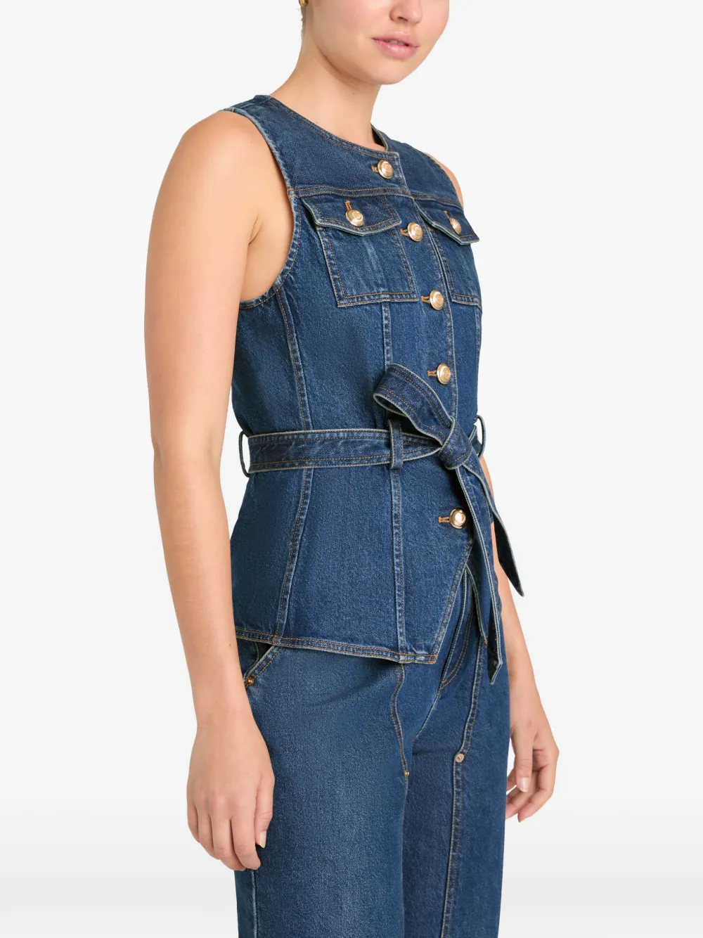  Cinq A Sept Reenee Button Belted Jean Vest - Blue 