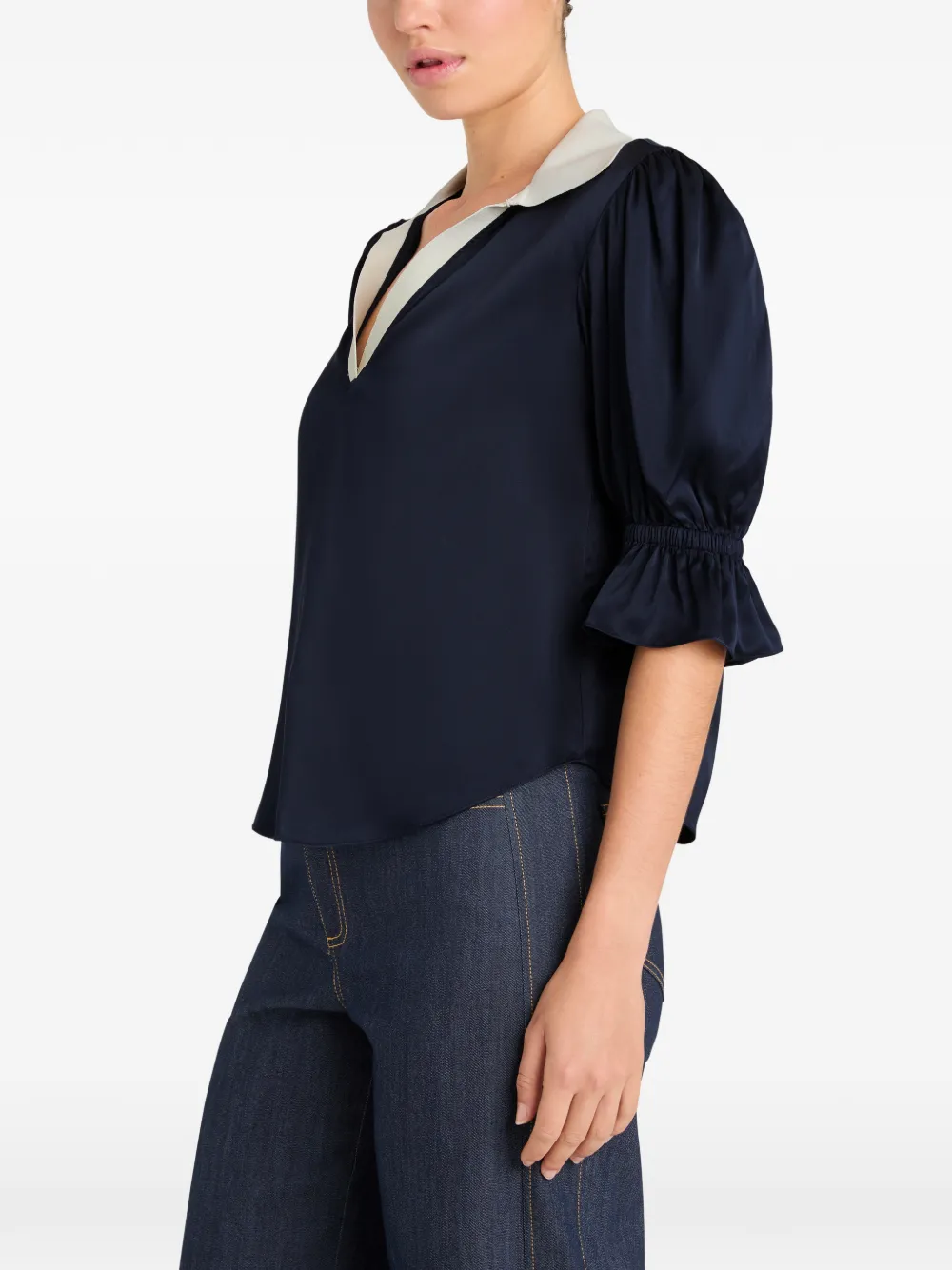 Cinq A Sept Freida blouse met ruches en V-hals Blauw