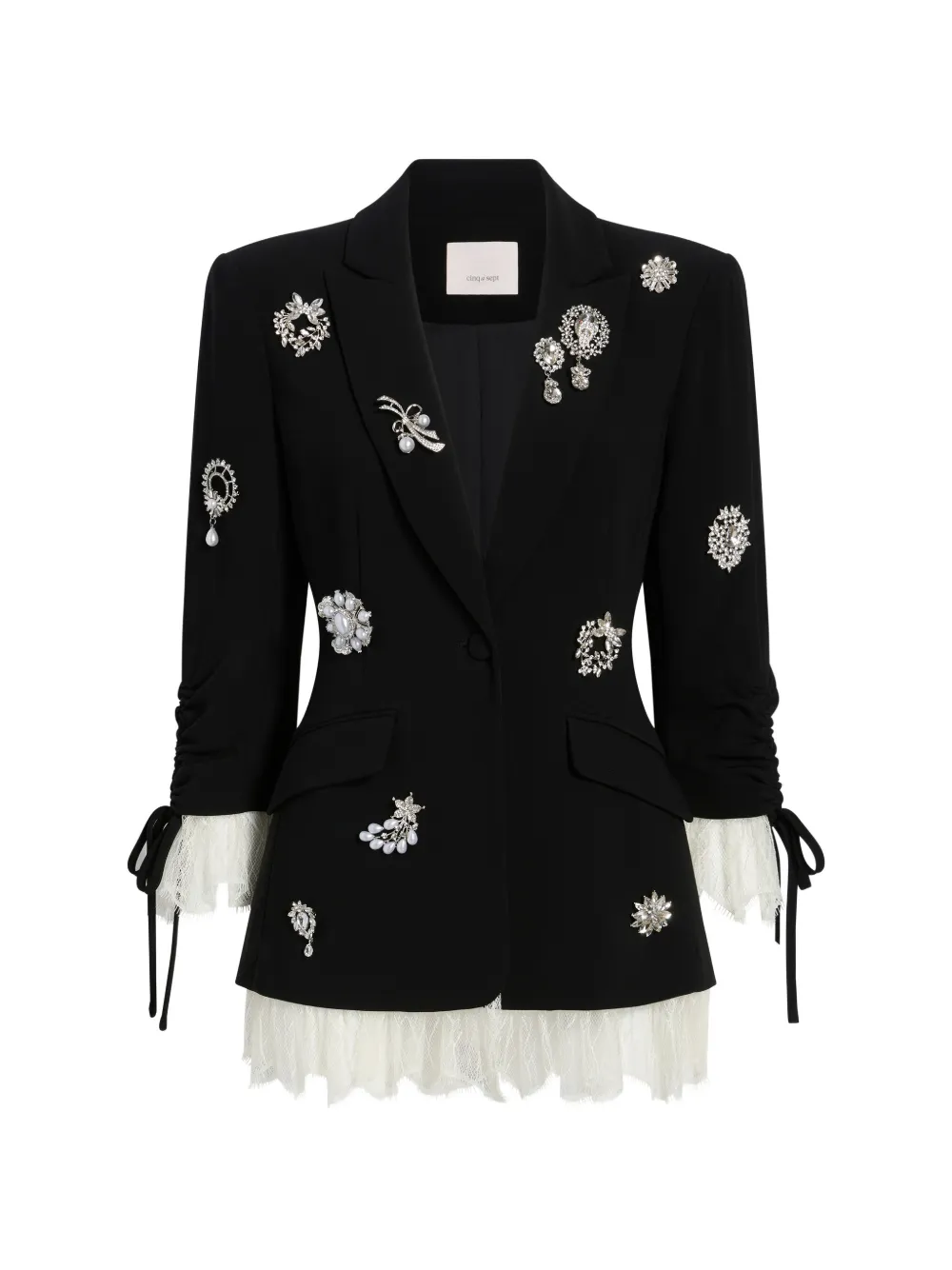 Cinq A Sept crystal brooch lace trim blazer - Nero