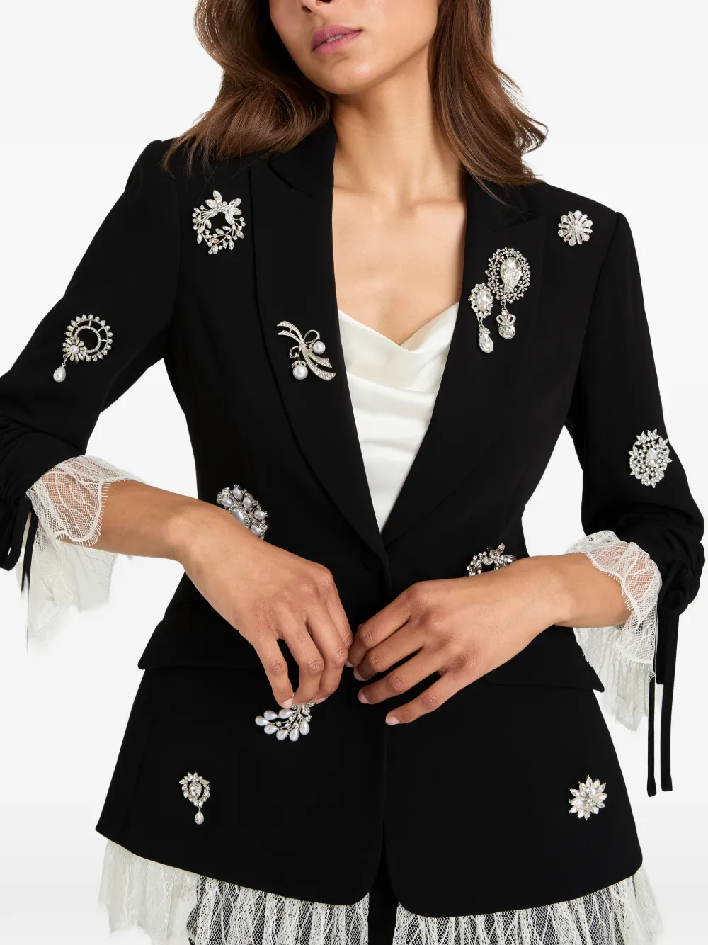 Cinq A Sept Blazer met afwerking van kant en kristallen broche Zwart