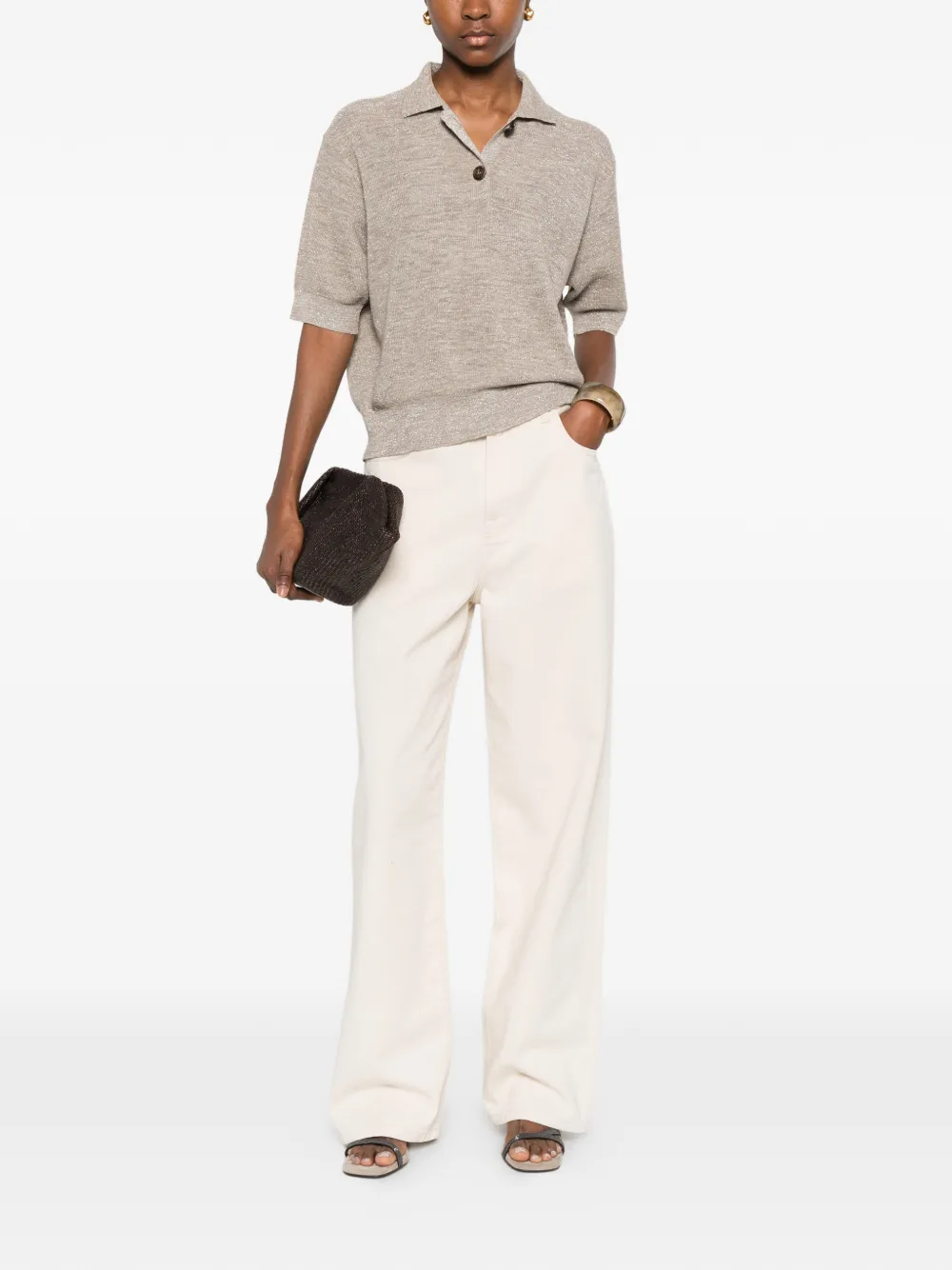  Brunello Cucinelli Metallic-thread Polo Top - Neutrals 