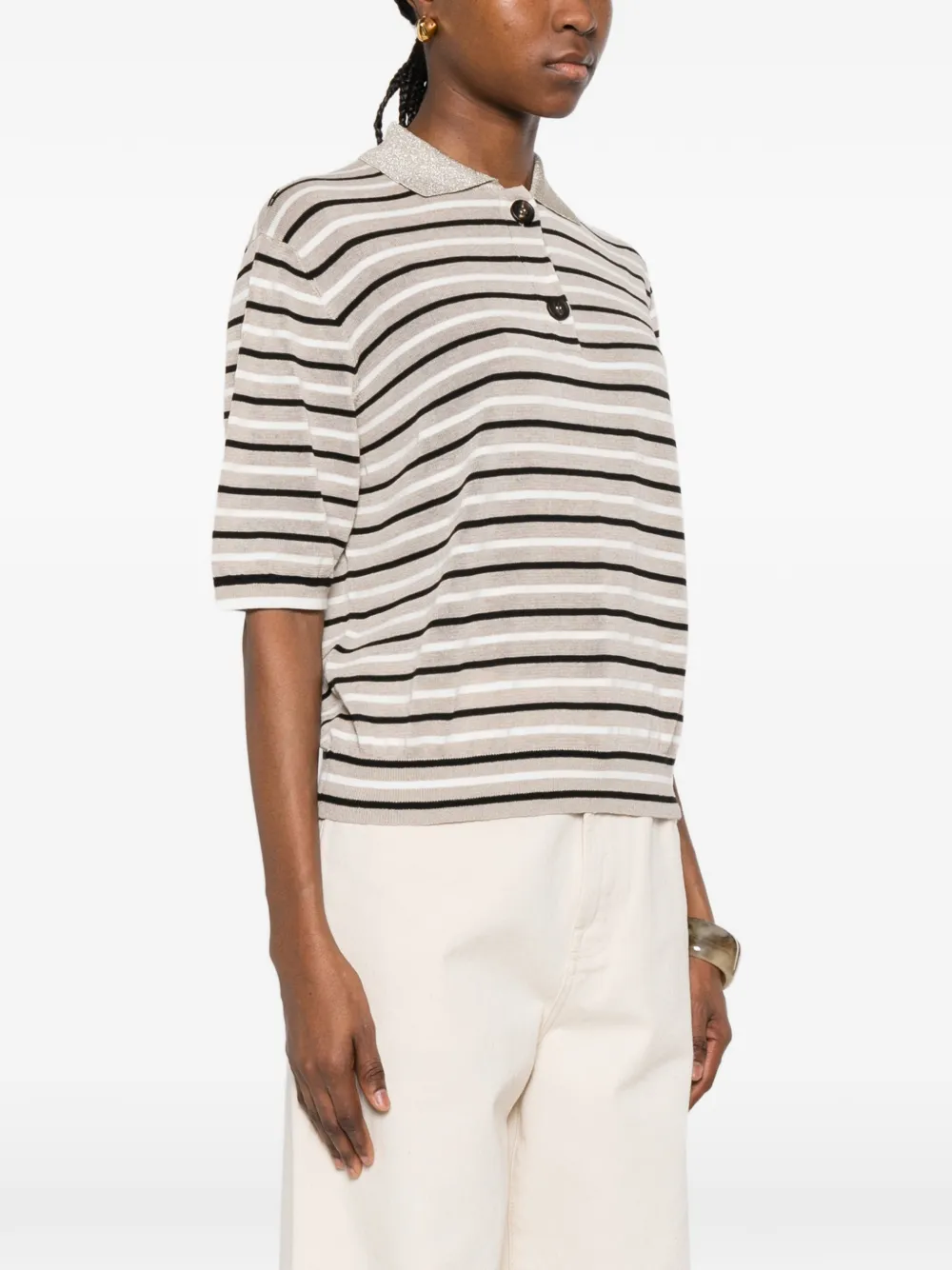  Brunello Cucinelli Striped Polo Top - Neutrals 