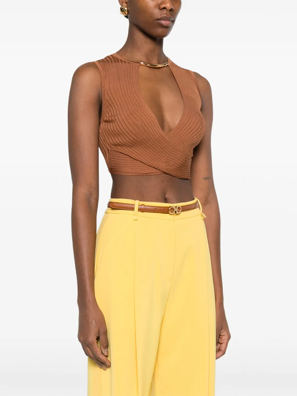 Elisabetta Franchi Geribbelde top met overslag Bruin