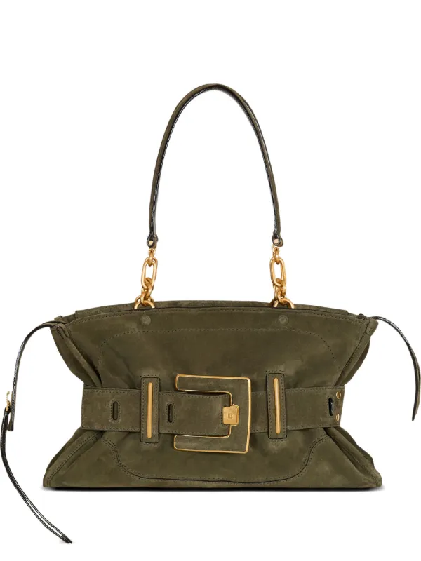 Balmain Anthem Suede Leather Bag in Green