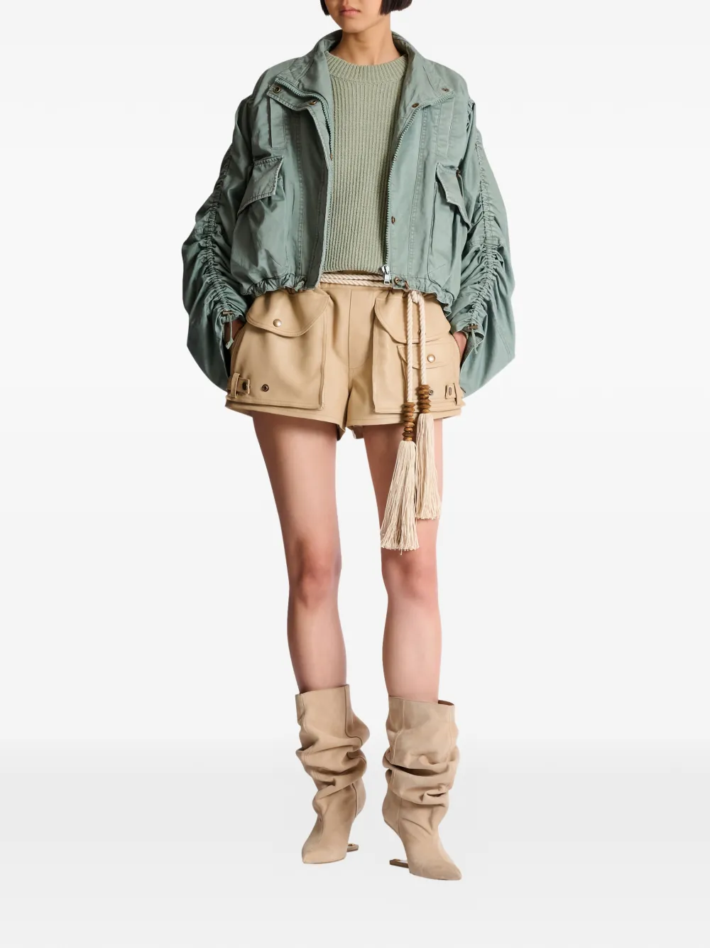  Balmain Pockets Gathered-sleeve Jacket - Green 