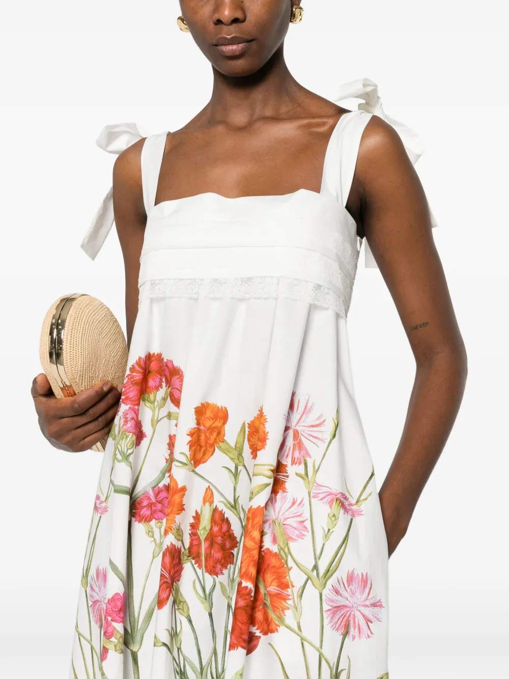Alberta Ferretti Midi-jurk met bloemendetail en gestrikt bandje Wit