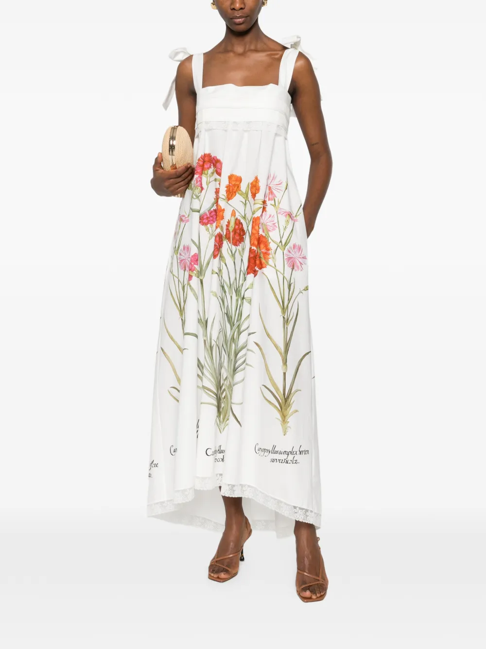 Alberta Ferretti Midi-jurk met bloemendetail en gestrikt bandje Wit