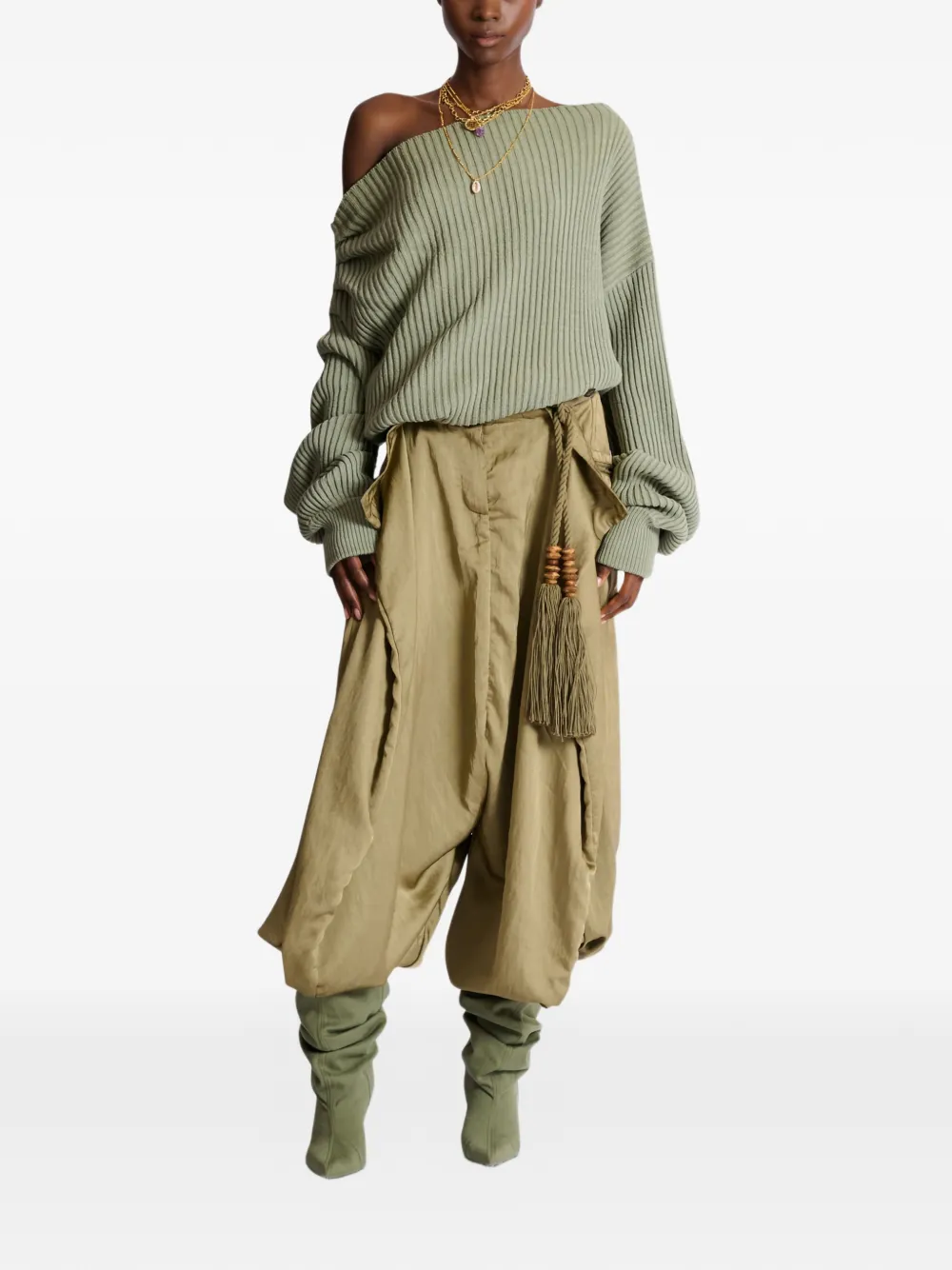  Balmain Asymmetric-neck Ribbed-knit Sweater - Green 