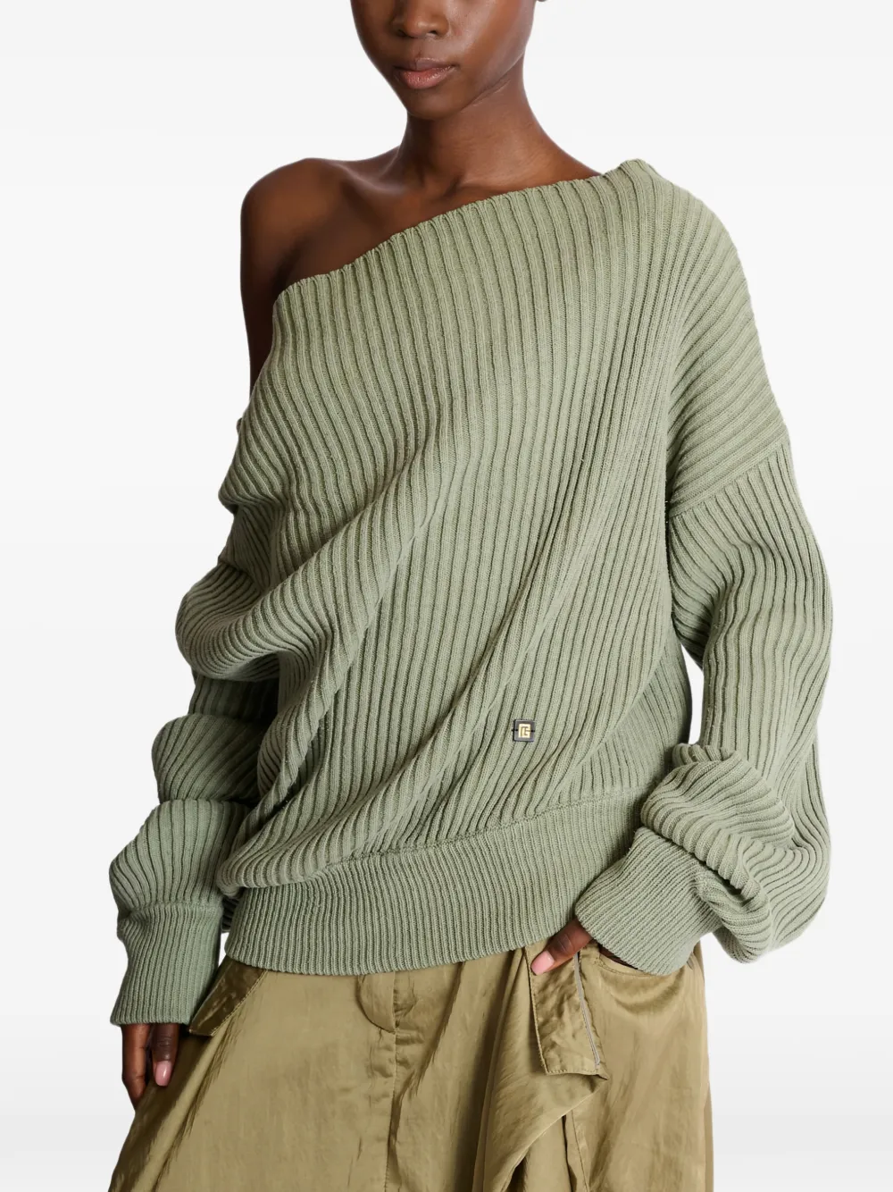 Balmain Asymmetric-neck Ribbed-knit Sweater In Multi