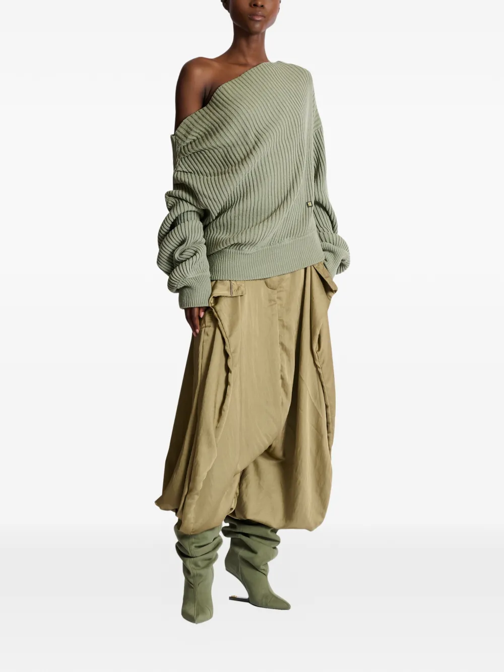  Balmain Asymmetric-neck Ribbed-knit Sweater - Green 