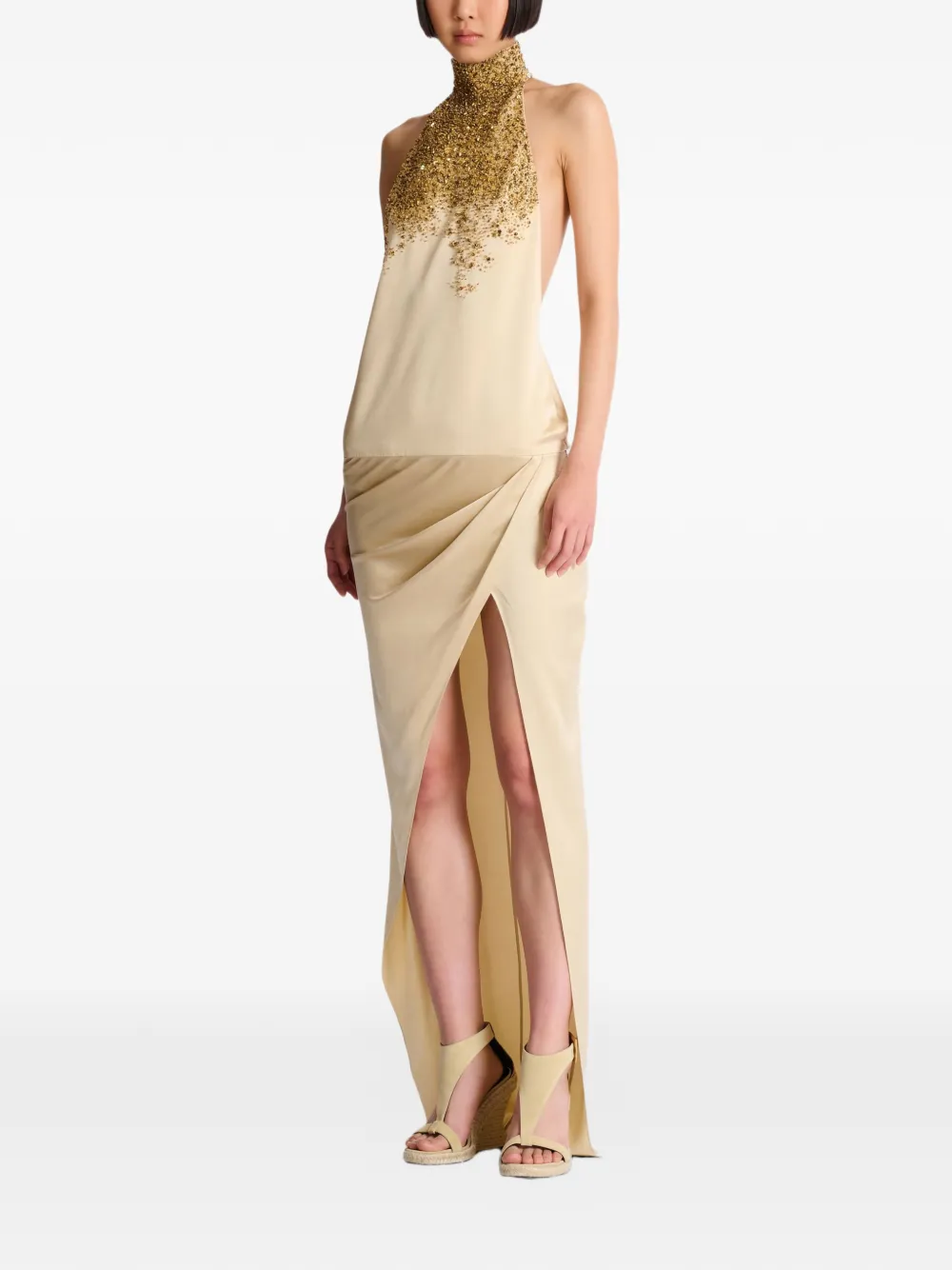 Balmain Zijden maxi-jurk met halternek Beige